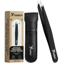 Candure Professional Slanted Tweezers for Men and Women – Precision Stainless Steel Tweezer for Brow, Chin, Facial Hair, Ingrown Hair & Plucking wit