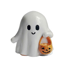 2025 Halloween Ghost Figurine Resin Ghost Ornament Holding Pumpkin Lantern Glossy Finish Statue for Home Office Desk Shelf Decor