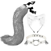 (Drey White) Conjunto de Colar com Gatos de Pelúcia, Cauda de Raposa e Sino para Halloween, Cosplay e Festas