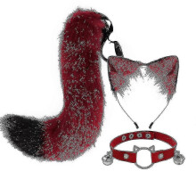 (Red) Conjunto de Colar com Gatos de Pelúcia, Cauda de Raposa e Sino para Halloween, Cosplay e Festas