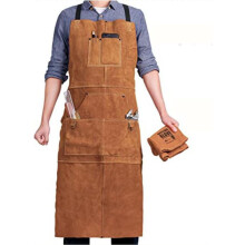 Lederschürze für Handwerk und Schweißen, flammhemmend, hitzebeständig, Arbeitsschürze mit 6 Taschen und verstellbaren Crossback-G