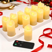 Conjunto de 12 velas de LED com chama tremeluzente – Velas recarregáveis com controle remoto e base de carregamento, design realista