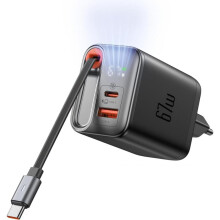 67 W-os GaN gyorstöltő LED-del kompatibilis, 3 portos USB C hálózati adapter beépített behúzható kábellel, MacBookhoz, iPhon