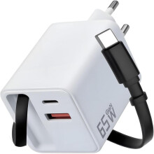 Chargeur rapide GaN 65 W compatible, adaptateur secteur USB-C à 3 ports avec câble rétractable intégré, pour MacBook, iPhone, Samsung,