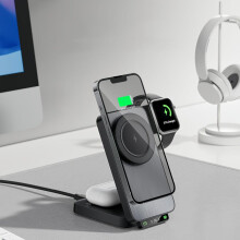 Station de charge sans fil 3-en-1 15 W pour smartphones, magnétique, pliable, avec support, pour montres, casques audio et autres appar