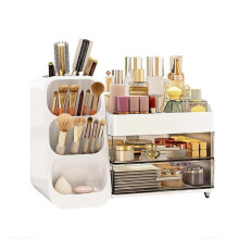 Organizador de maquiagem grande e branco, ideal para penteadeira, com 3 gavetas transparentes para cosméticos e produtos de banho.