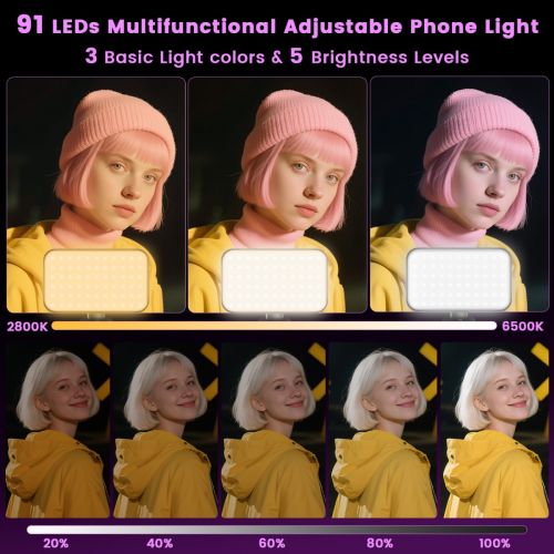 91 LED RGB Φως Selfie, Επαναφορτιζόμενο Φως Τηλεφώνου με Κλιπς, 3 Βασικές Λειτουργίες 1