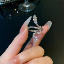 (01 zilver) Gotische ring met strasssteentjes en open slang, verstelbaar, voor mannen en vrouwen, punk mode sieraden, verjaardagscadeau