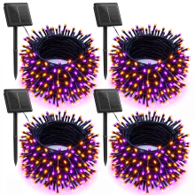 (Orange och lila) 4-pack solcellsdrivna Halloween-ljusslingor, totalt 56 meter 480 LED-solcellslampor utomhus vattentät svart tråd me