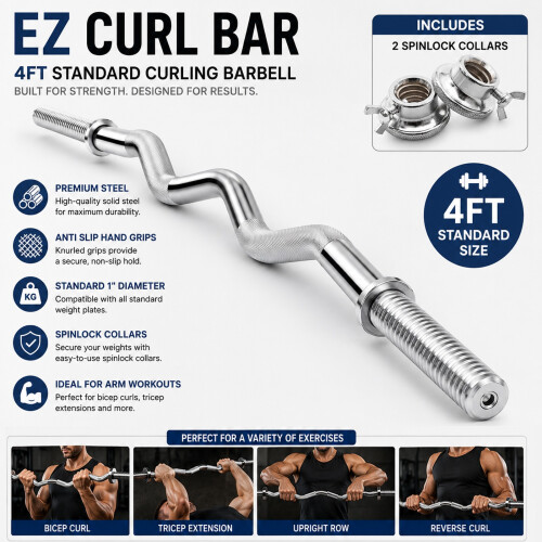NEW 1" Barbell Curl Bar with Spin Lock Collars