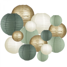 Decoratieve papieren lantaarns, rond en hangend, voor een rustiek feest of bruiloft, saliegroen, 15 stuks