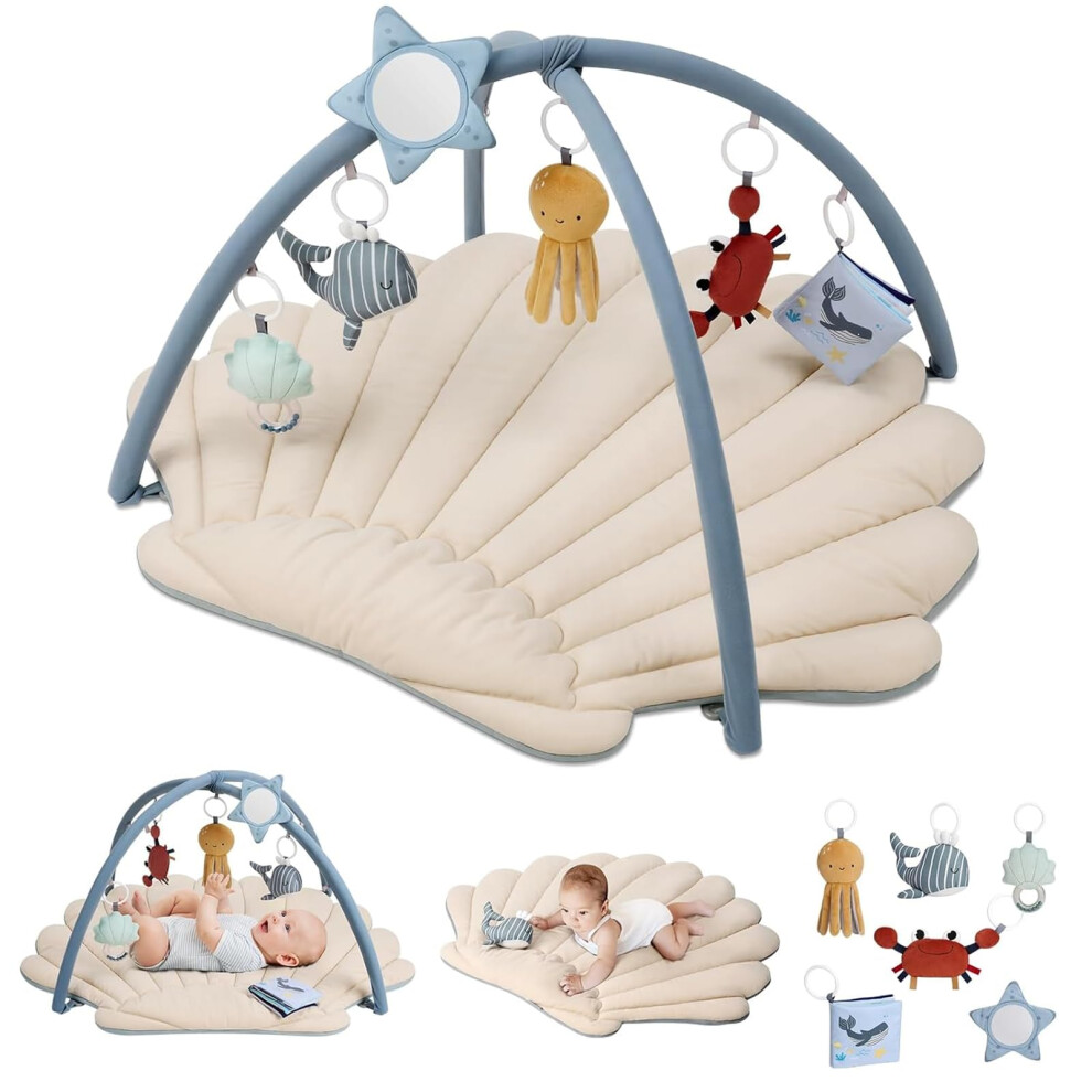 Blissful Diary Shell Baby Play Gym Mat, Softer & Enlarged Tummy Time Mat W 6 Detachable Toys For Sensory & Motor Skill Development, Activity Mat, Boho