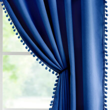 Abstractex Pom Pom Royal Blue Blackout Curtains for Bedroom 90 inch Length Energy Saving Thermal Drapes for Living Room Eyelet Window Treatment Curtai