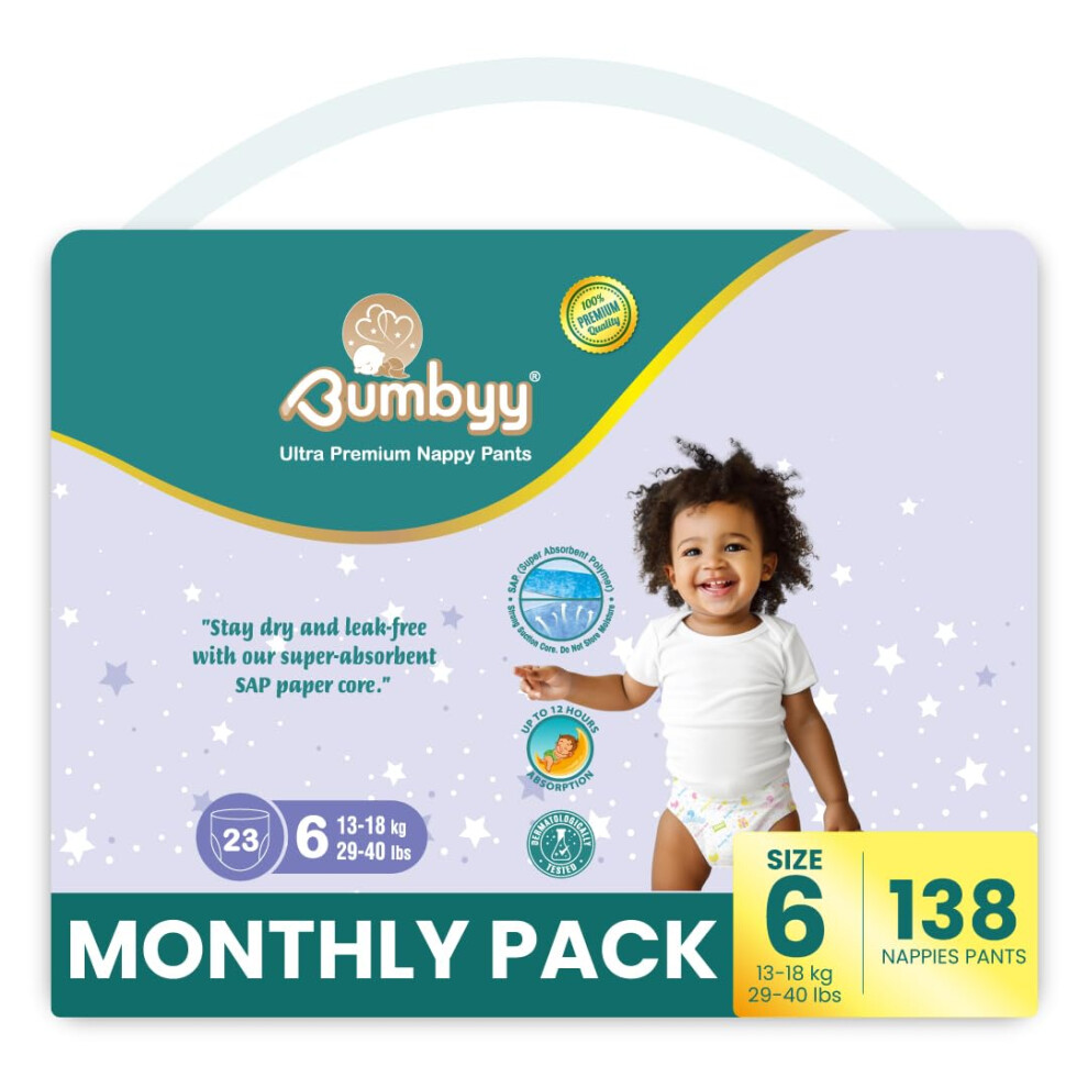 Bumbyy Baby Nappies Pull Ups Size 6 138 Pack – Ultra-Absorbent Leak-Proof Nappy Pants For Sensitive Skin, Hypoallergenic & Dermatologically Tested W