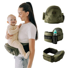 Tushbaby Hip Carrier for Babies & Toddlers (Olive) - Safety-Certified, Machine Washable Child Waist Seat for One Hand Support with Multi-Pocket Storag