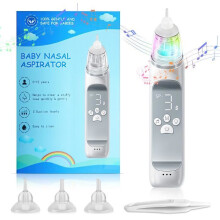 Elektrische neusaspirator voor baby's met 3 zuigniveaus, 4 vervangende opzetstukken, 2 standen, waterdicht en rustgevende muziek.