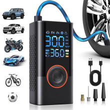 Draadloze draagbare autobandenpomp met LED-verlichting, oplaadbare batterij, snelle opblaasfunctie en automatische uitschakeling.