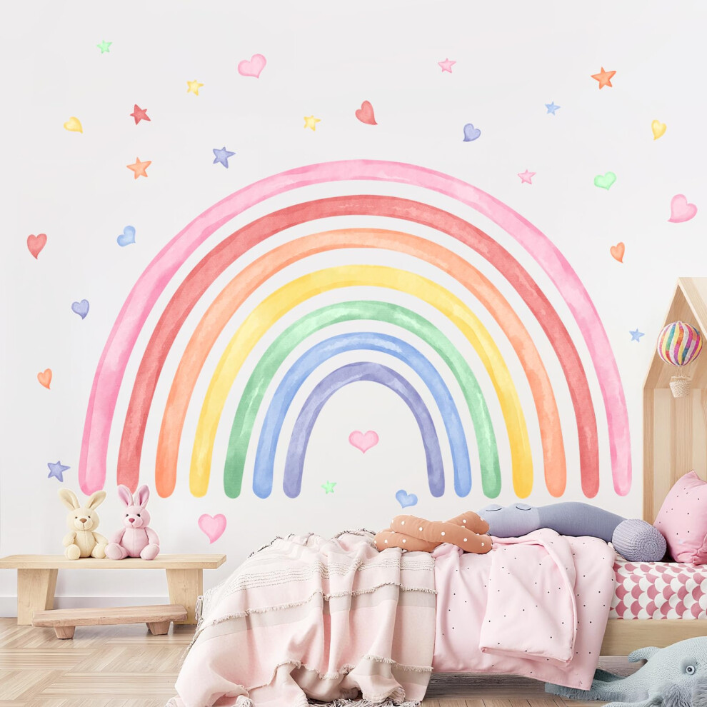 Supzone 77"X47" Large Rainbow Wall Stickers For Girls Nursery Watercolor Rainbow Hearts Stars Wall Decals Art Peel And Stick Vinyl Wall Art For Kids Toddlers