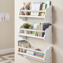 Cloud Nursery Shelves for Wall, Set of 3, Solid Wood Wall Mounted Kids Bookshelf, Floating Montessori Book Display Rack with Bead Guardrail for Baby T