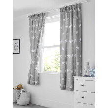 Bloomsbury Mill - Kids Curtains for Boys & Girls Bedroom - Grey & White Stars - Lined Curtain Pair with Tiebacks - Nursery Curtains for Childrens Baby