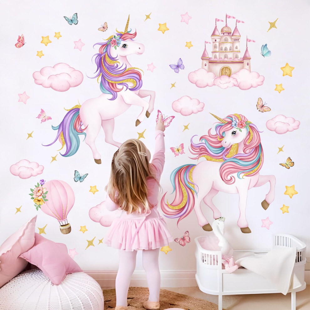 Tanlaby Unicorn Wall Decals Unicorn Castle Wall Stickers With Butterflies Clouds Star Peel And Stick Wall Art Decals For Baby Nursery Girls Bedroom Da