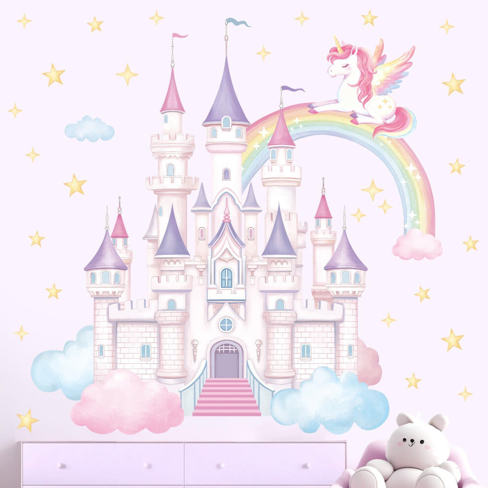 Shuching Large Castle Princess Wall Stickers, Unicorn Rainbow Wall Decals For Girls, Removable Vinyl Decorations For Baby Kids Bedroom Nursery Playroo