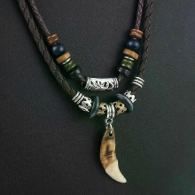 Collar étnico con colgante de diente de perro, collar de cuentas de doble capa, collar tribal de cuero para mujer y hombre, regalo de