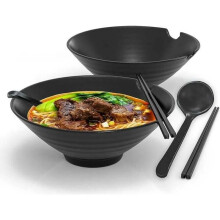 Juego de 2 cuencos japoneses para ramen con palillos y cuchara, vajilla tradicional, cerámica negra.