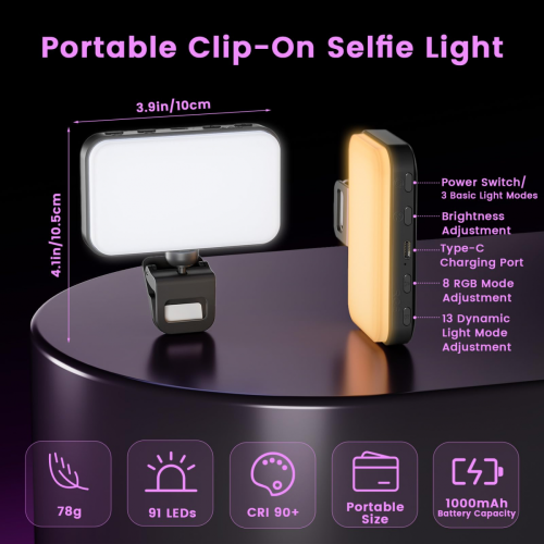 91 LED RGB Φως Selfie, Επαναφορτιζόμενο Φως Τηλεφώνου με Κλιπς, 3 Βασικές Λειτουργίες 2