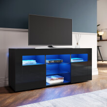 (High Gloss Black) Elegant LED TV Cabinet with High Gloss Finish, Tempered Glass Shelves & Storage, 120 35 50 cm