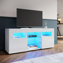 (High Gloss White) Elegant LED TV Cabinet with High Gloss Finish, Tempered Glass Shelves & Storage, 120 35 50 cm