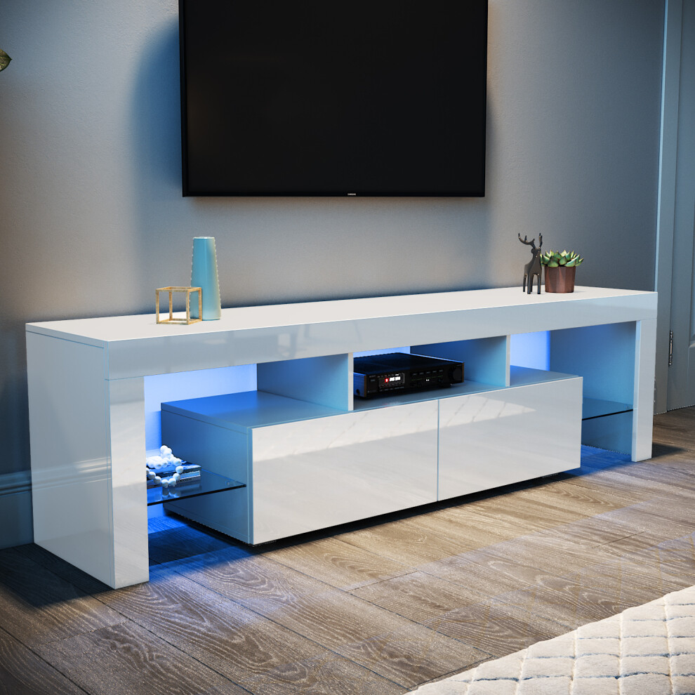 Elegant (High Gloss White) Led Tv Stand With 2 Drawers And Tempered Glass Shelf, Rgb Lighting, High Gloss Tv Cabinet