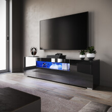 (High Gloss Black, 180cm) Elegant LED TV Cabinet with High Gloss Finish, Storage Unit with Handle-Free Design