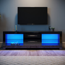 (High Gloss Black, 160cm) Elegant LED TV Stand with RGB Lighting, 2 Drawers, Tempered Glass Shelf, High Gloss Finish TV Unit