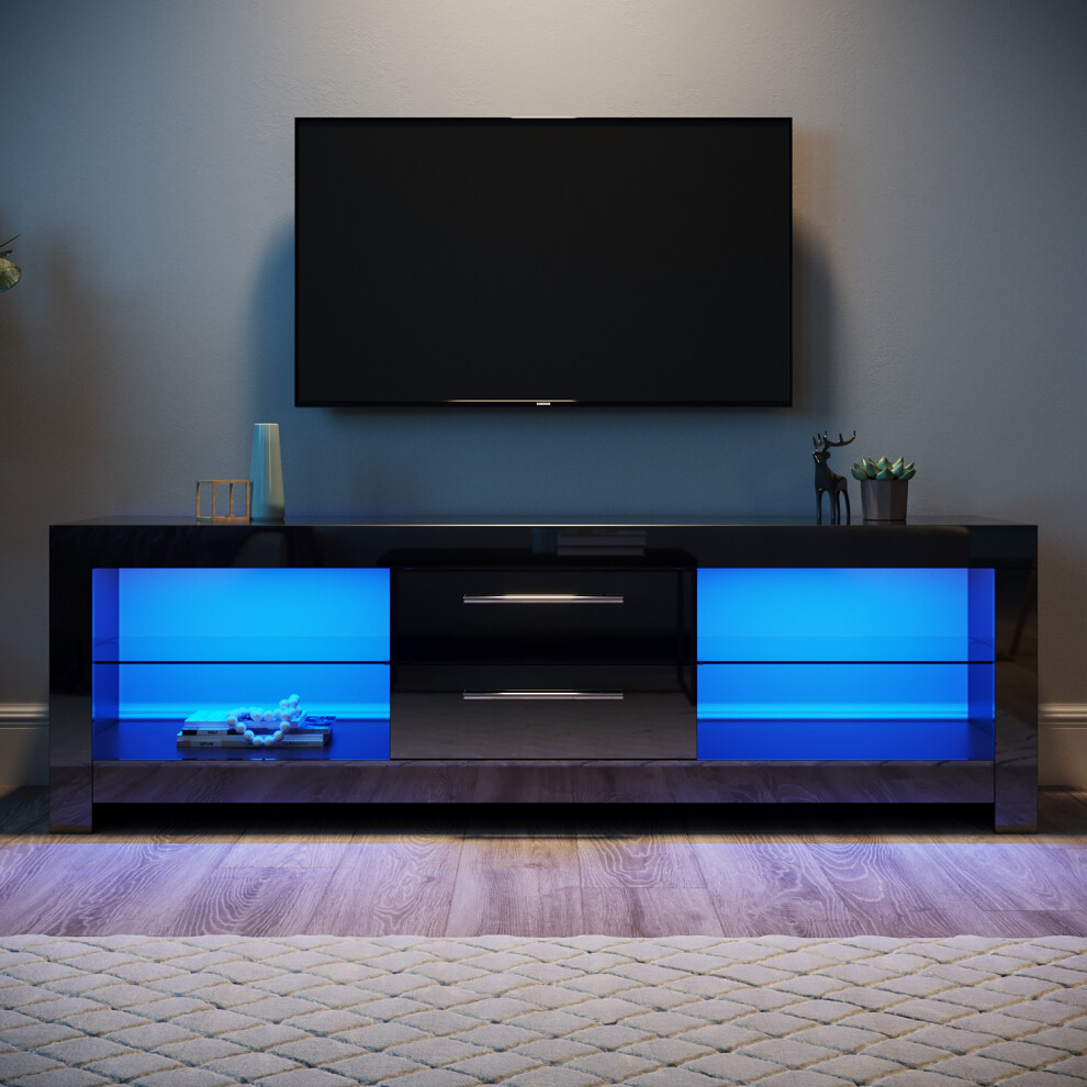 Elegant (High Gloss Black, 160Cm) Led Tv Stand With Rgb Lighting, 2 Drawers, Tempered Glass Shelf, High Gloss Finish Tv Unit
