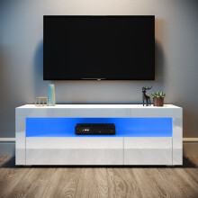 (High Gloss White) Elegant LED TV Stand with RGB Lighting, Open Shelf, 2 Flap-Door Storage Cabinets, High Gloss Front TV Unit