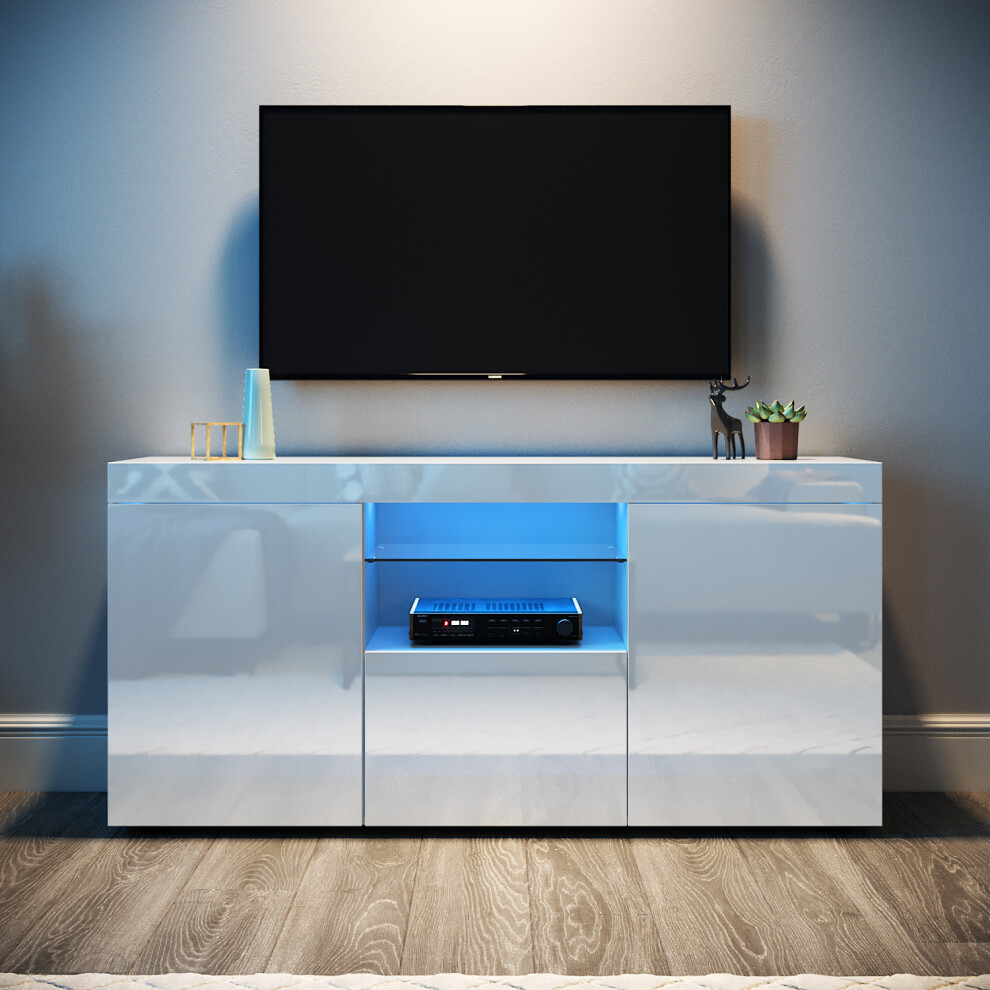 Elegant (High Gloss White) Led Tv Stand With Rgb Lighting, 3 Storage Compartments, Tempered Glass Shelf, High Gloss Front Tv Cabinet