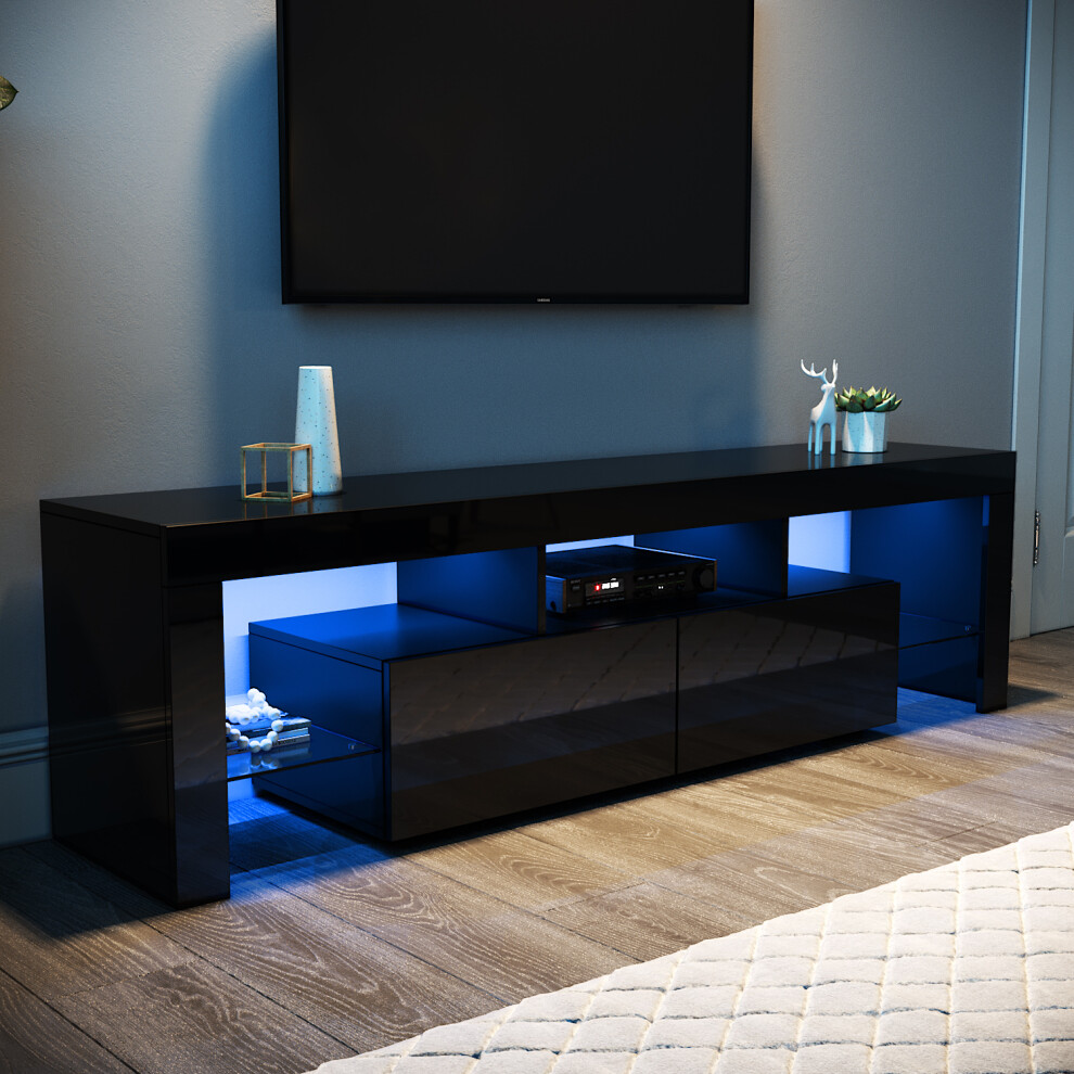 Elegant (High Gloss Black) Led Tv Stand With 2 Drawers And Tempered Glass Shelf, Rgb Lighting, High Gloss Tv Cabinet
