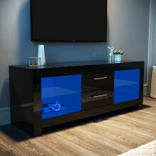 (High Gloss Black, 130cm) Elegant LED TV Stand with RGB Lighting, 2 Drawers, Tempered Glass Shelf, High Gloss Finish TV Unit