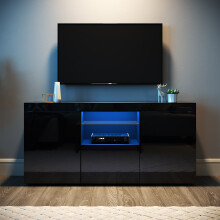 (High Gloss Black) Elegant LED TV Stand with RGB Lighting, 3 Storage Compartments, Tempered Glass Shelf, High Gloss Front TV Cabinet