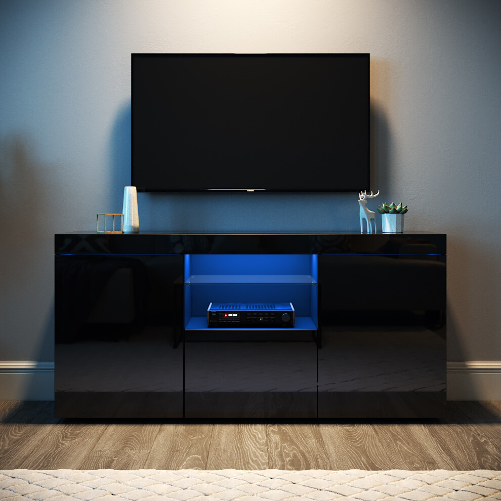 Elegant (High Gloss Black) Led Tv Stand With Rgb Lighting, 3 Storage Compartments, Tempered Glass Shelf, High Gloss Front Tv Cabinet