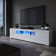(High Gloss White, 200cm) Elegant LED TV Cabinet with High Gloss Finish, Storage Unit with Handle-Free Design