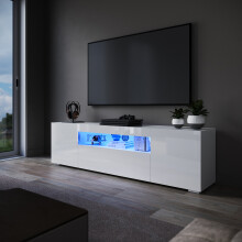 (High Gloss White, 180cm) Elegant LED TV Cabinet with High Gloss Finish, Storage Unit with Handle-Free Design