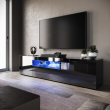 (High Gloss Black, 200cm) Elegant LED TV Cabinet with High Gloss Finish, Storage Unit with Handle-Free Design