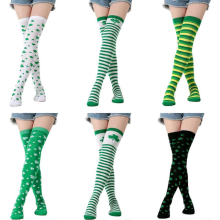 (sett med seks par) Stripete lårhøye sokker til dame, St. Patricks dag-cosplaysokker, overknesokker, uformelle lange strømper, strømp