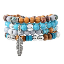 4er-Set Vintage-Armbänder im Bohème-Stil mit mehrlagigen Perlen für Herren, türkisfarben, ethnisch inspiriert, mit Naturstein