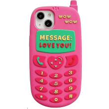 Söpö retropuhelinkotelo 3d-sarjakuva retroklassinen matkapuhelimen pehmeä silikoninen iPhone 14 Pro -kotelo ruusunpunainen is