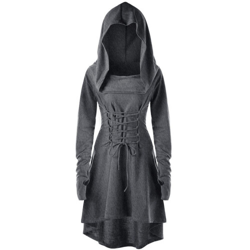 Solid Long Sleeve Hooded Tie-Front Festival Dress,Black,M 1