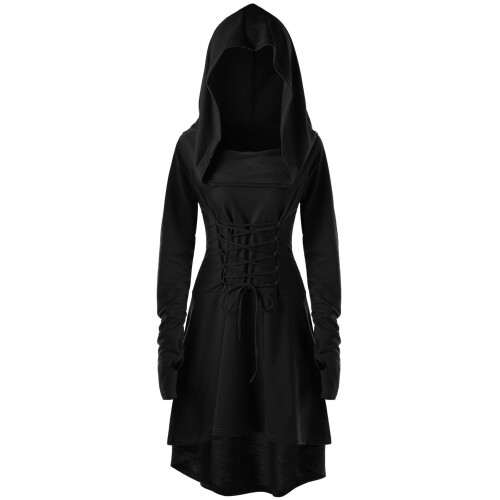 Solid Long Sleeve Hooded Tie-Front Festival Dress,Black,M