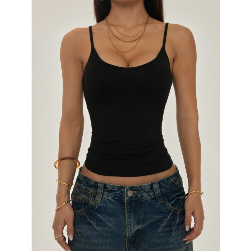 Women's Solid U-Neck Backless Camisole Top,Black,L